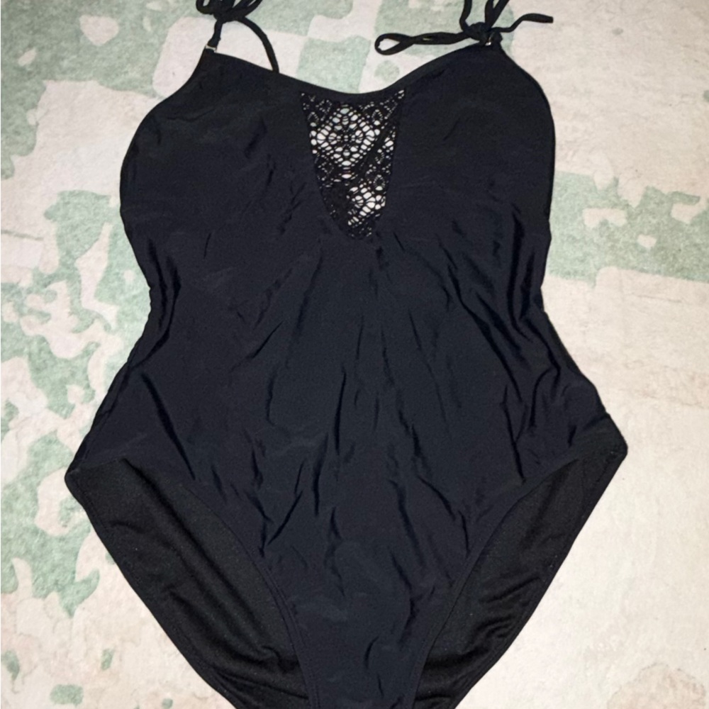 Black One-Piece Swimsuit with Lace Detail